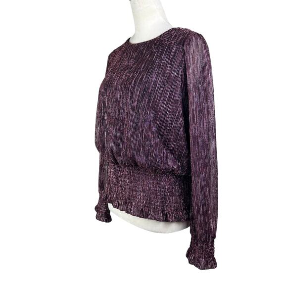 Joie Black & Pink Metallic Textured Ribbed Smocked Waist Long Sleeve Blouse - Picture 2 of 11